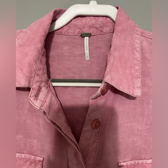 YFB Pink Linen Blend Button-Up Drawstring Romper - Picture 5 of 5